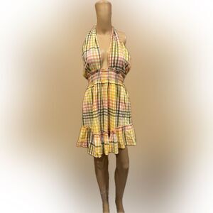 Aerie Multicolor Plaid Elastic Halter Tie Neck Mini Dress Sz M